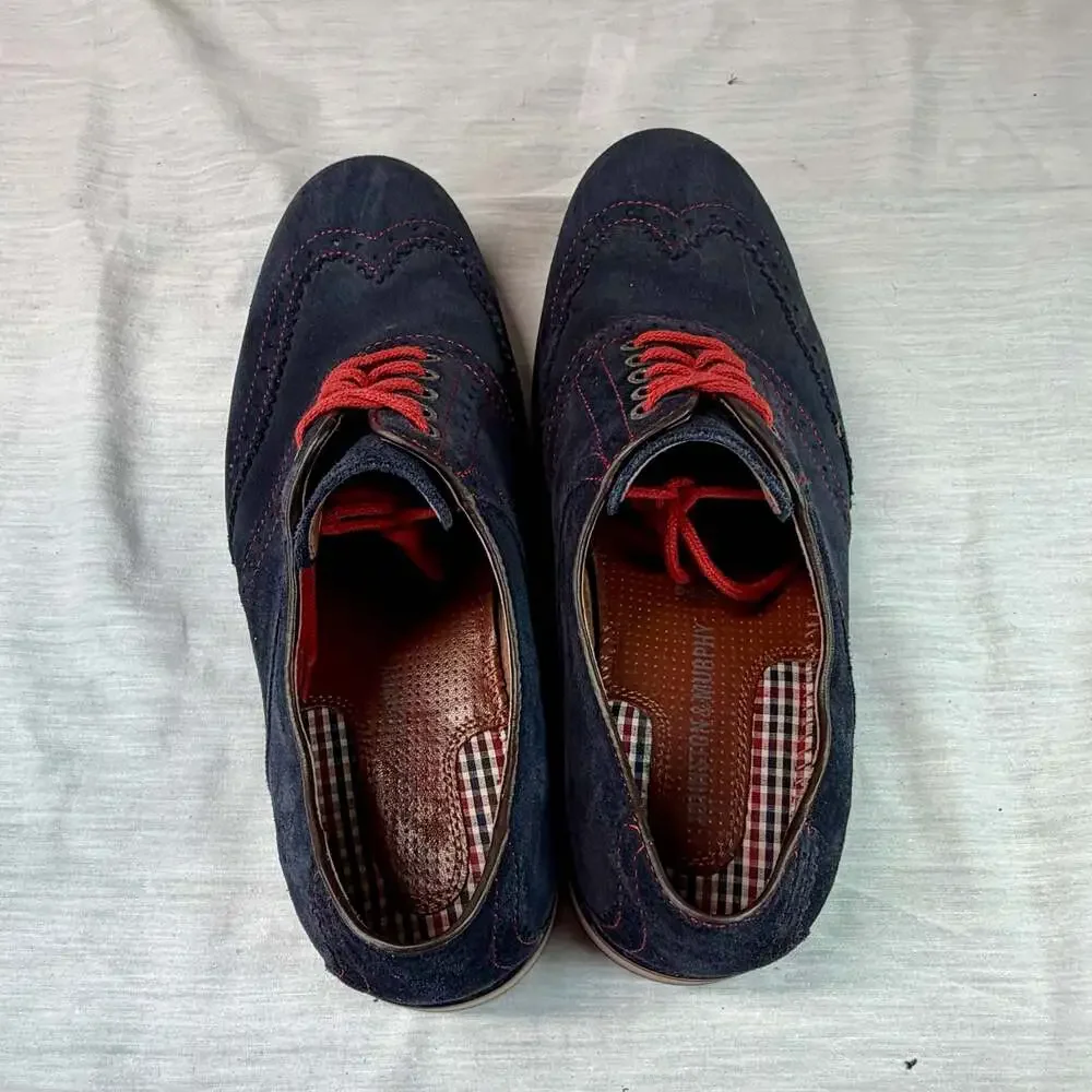 Johnston & Murphy Navy Blue Suede Wingtip Oxford Brogues with Red Laces